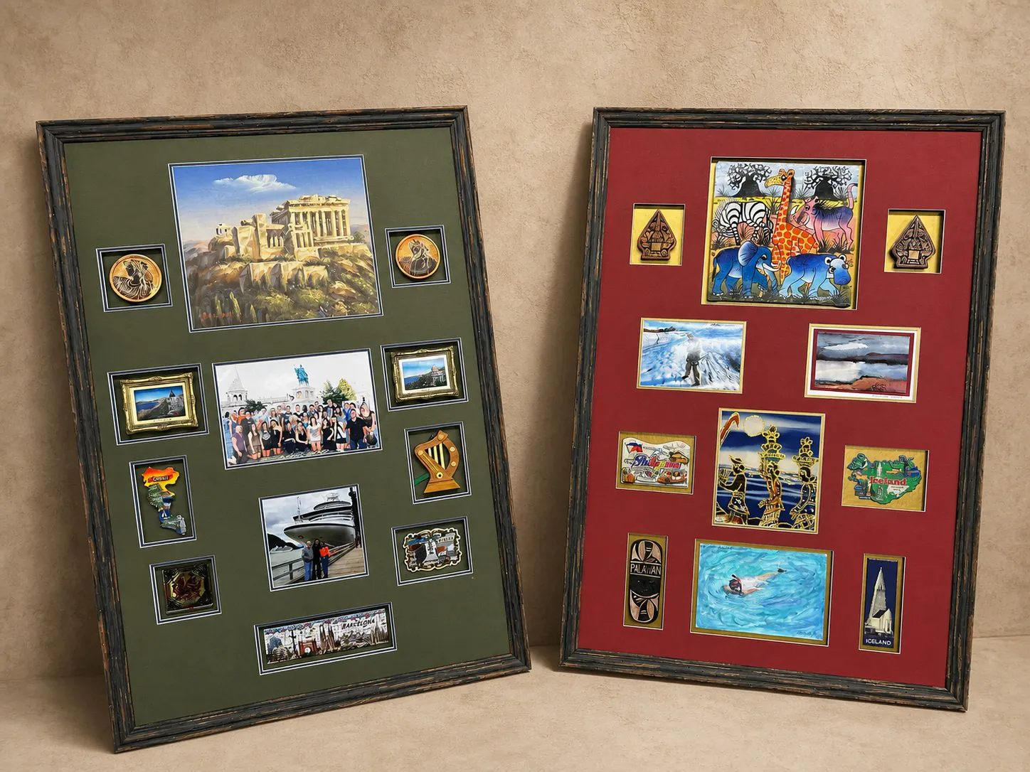 Two complex travel keepsake shadow boxes